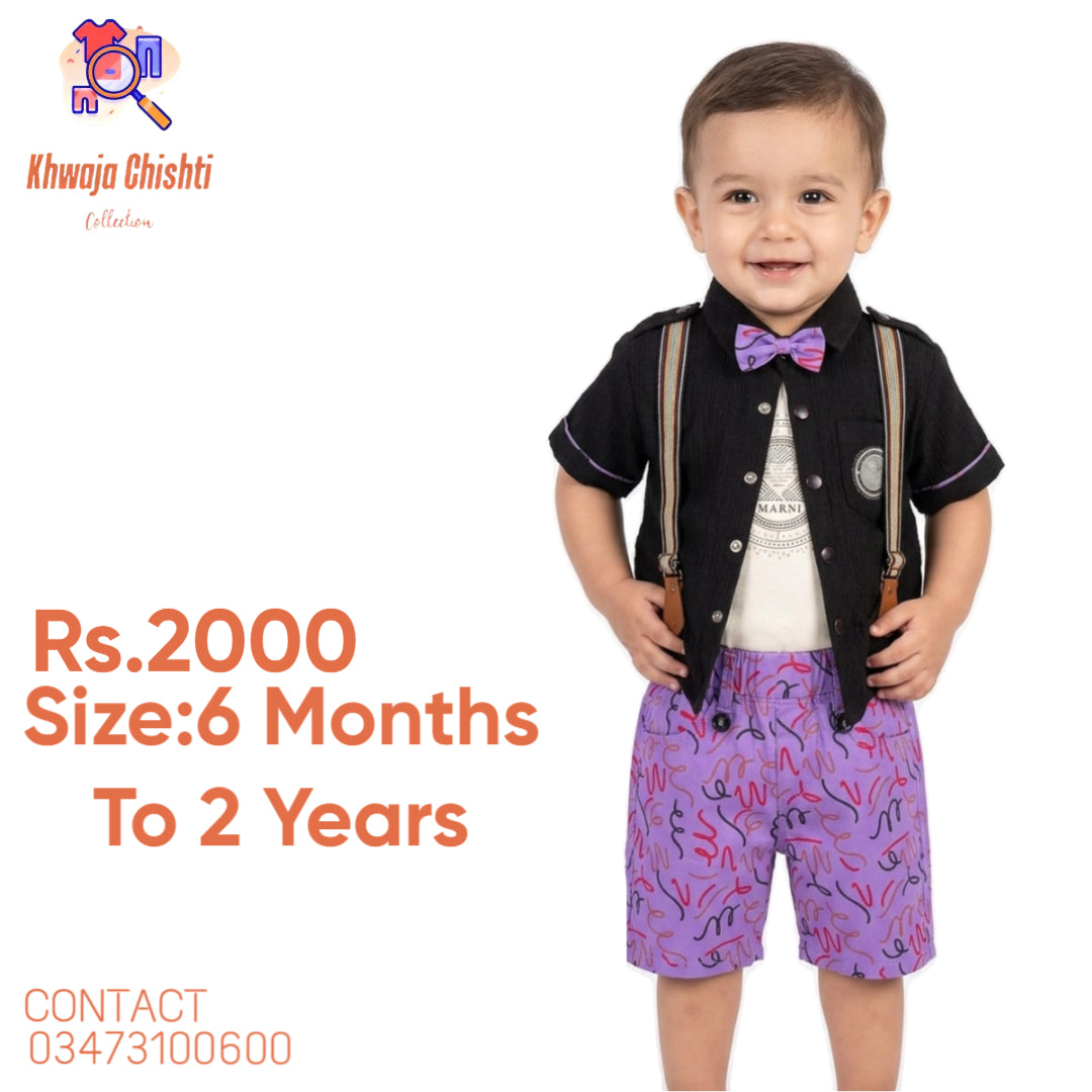 Boys' Black & Purple Suspender Suit with Bow Tie 6 Months to 2 Years