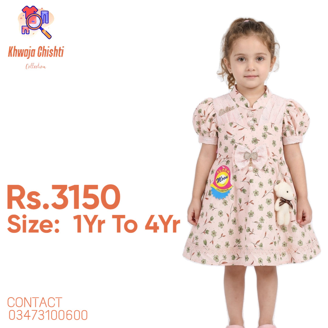 Girls Baby Pink Floral Frock with Pearl Bow Accent 1yr to 4yr