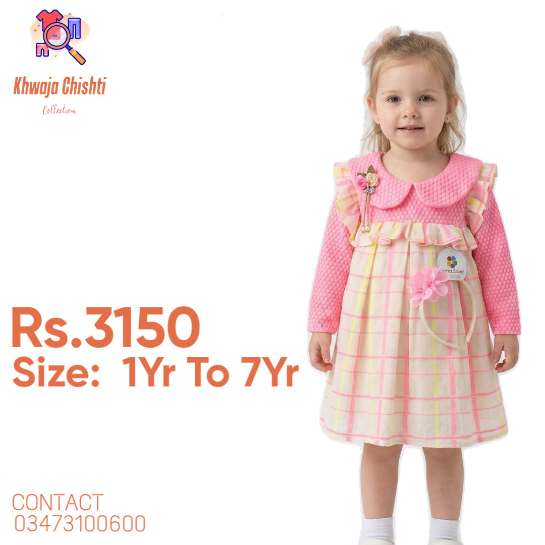 Girls Pink Long-Sleeve Plaid Frock with Matching Headband 1yr to 7yr