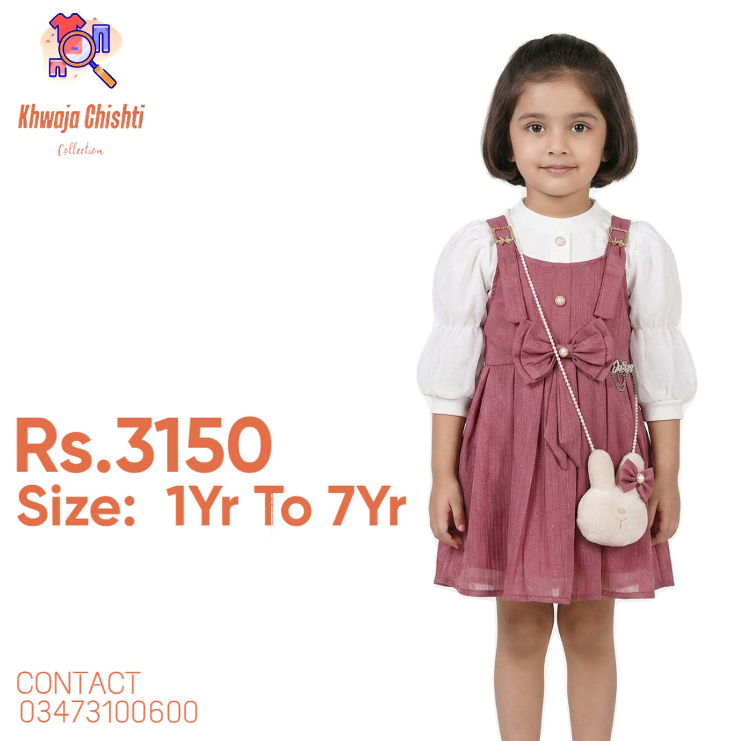 Girls Dusty Pink Overalls-Style Frock with Plush Bunny Bag 1yr to 7yr