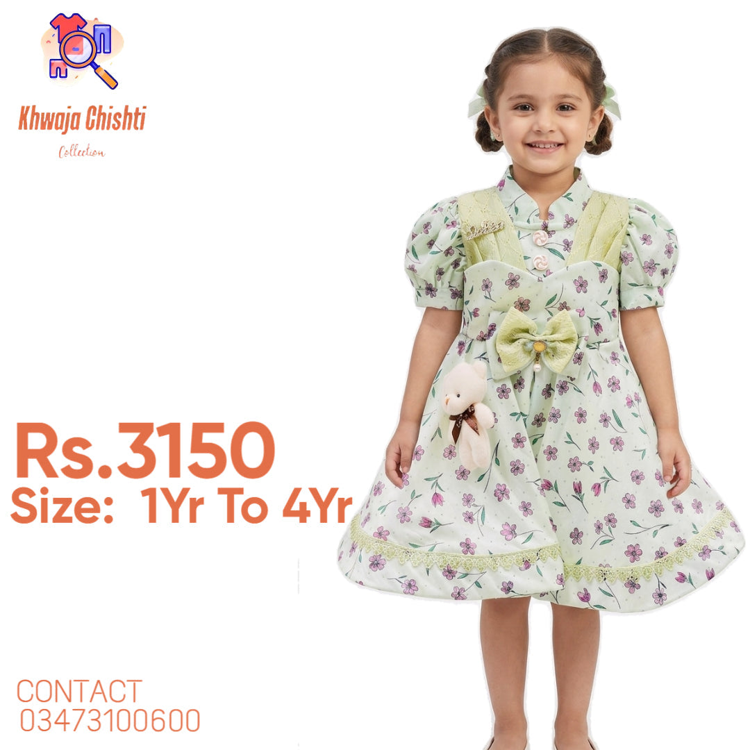 Girls Mint Green Floral Frock with Bow 1yr to 4yr