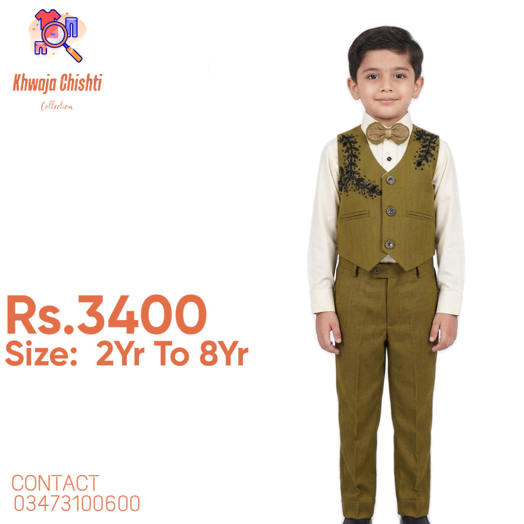 Boys' Premium Embroidered Olive Green & Cream 3-Piece Formal Suit Set 2yr to 8yr