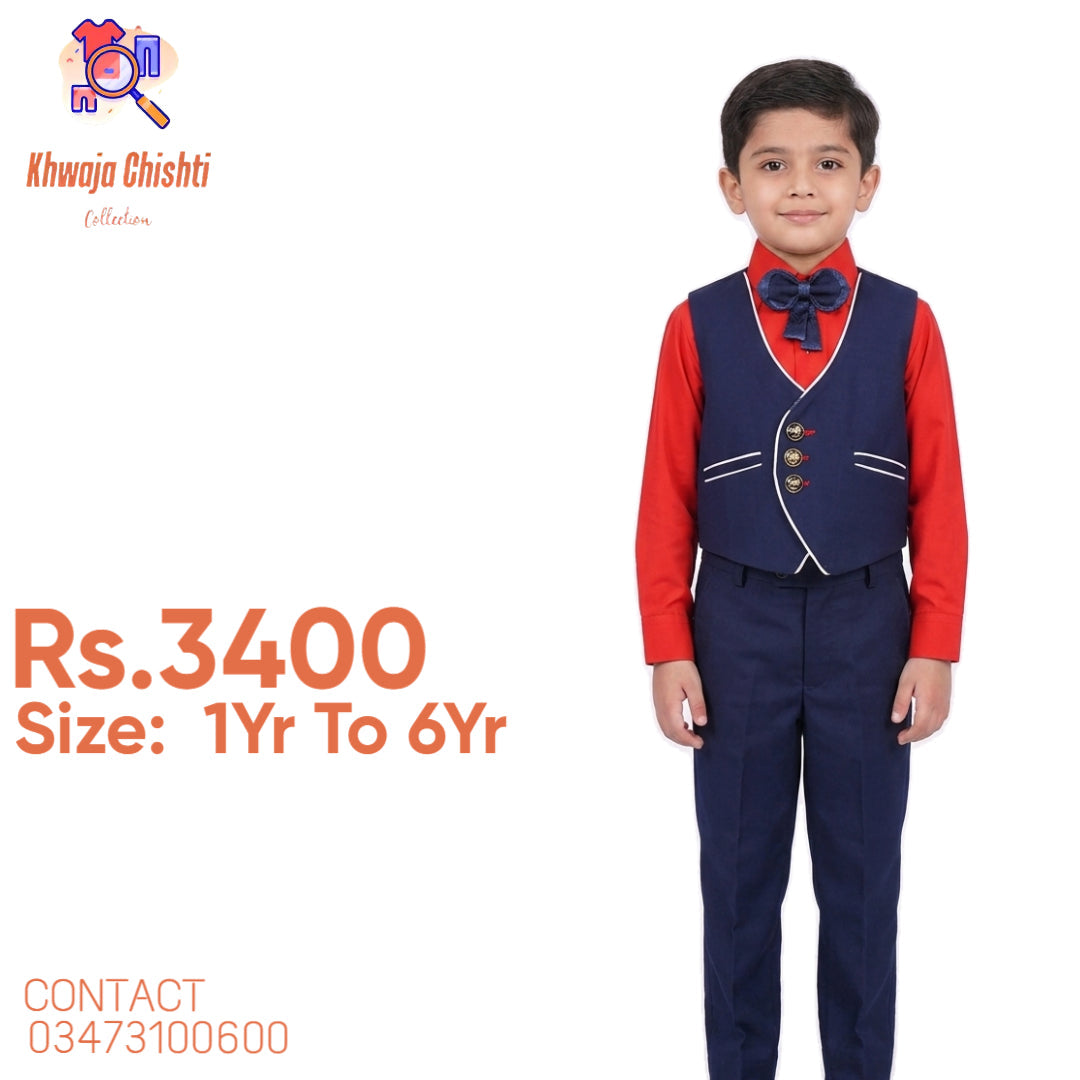 Boys' Premium Navy Blue & Red Formal Suit 3-Piece Set 1yr to 6yr