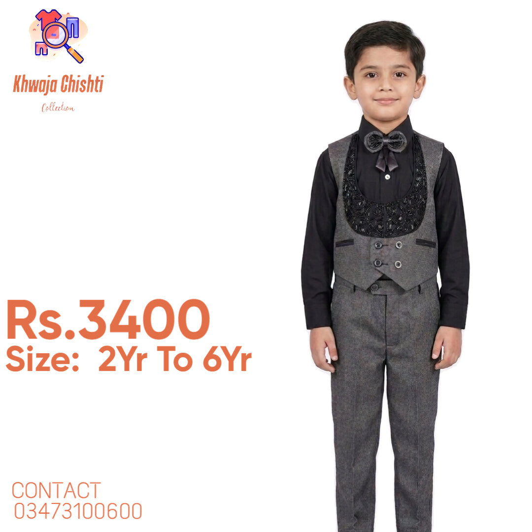 Boys' Premium Designer Gray & Black 3-Piece Formal Suit Set 2yr to 6yr