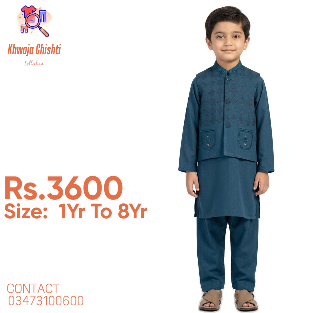 ✨ Premium Boys' Teal Kurta Shalwar with Embroidered Waistcoat ✨ 1yr to 8yr