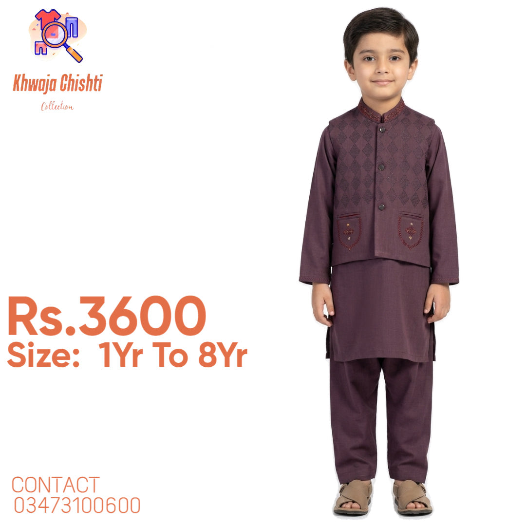 ✨ Premium Boys' Plum Kurta Shalwar with Embroidered Waistcoat ✨ 1yr to 8yr