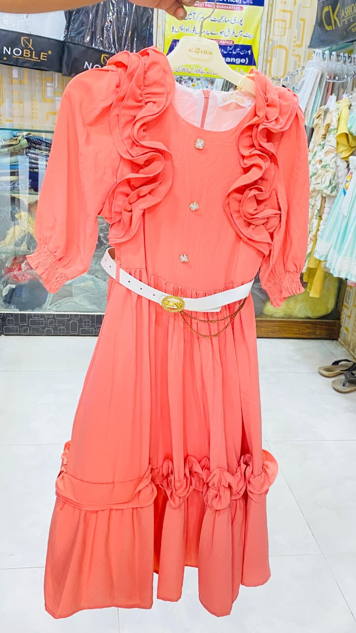 πΈ Khwaja Chishti Collection β Elegant Peach Ruffled Midi Dress 7yr to 13yr