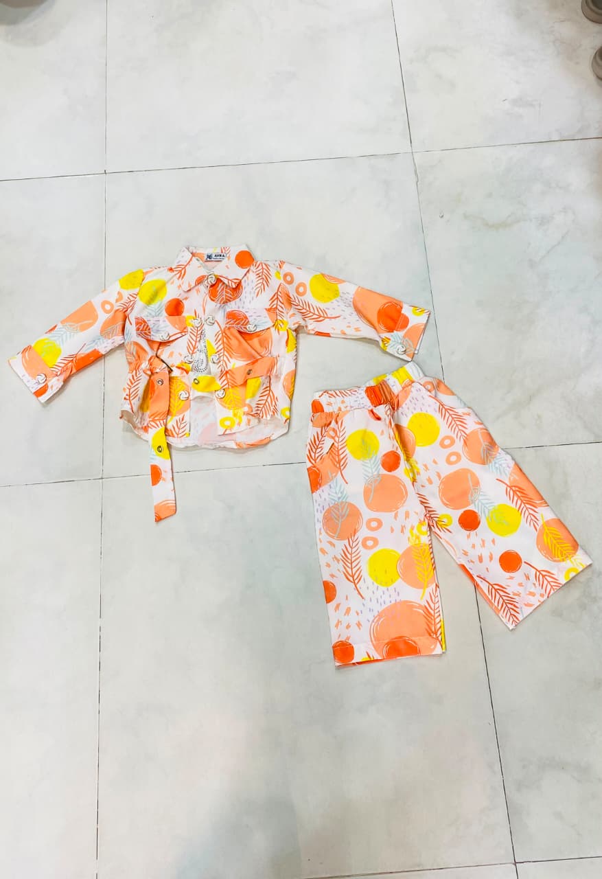 Kids Abstract Print Co-Ord Set with Waist Tie β Peach & Yellow 1yr to 5yr
