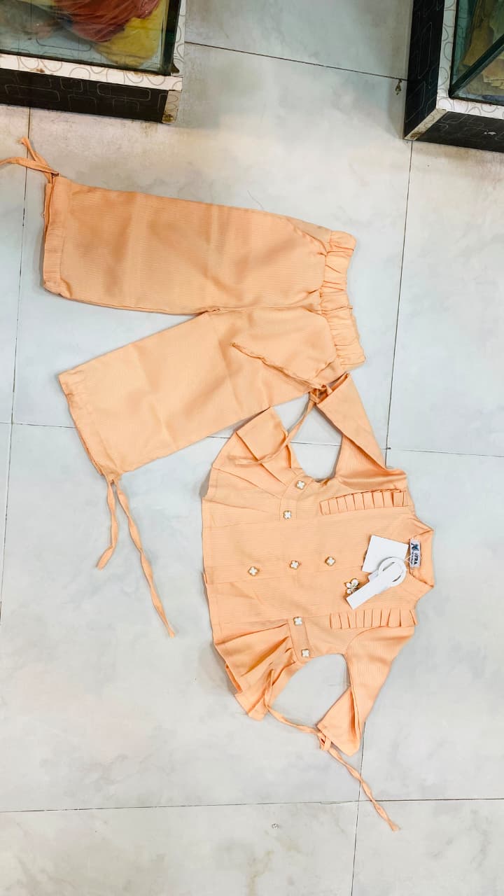 Kids Ruffled Peplum Top & Straight Trouser Set β Soft Peach 1yr to 3yr