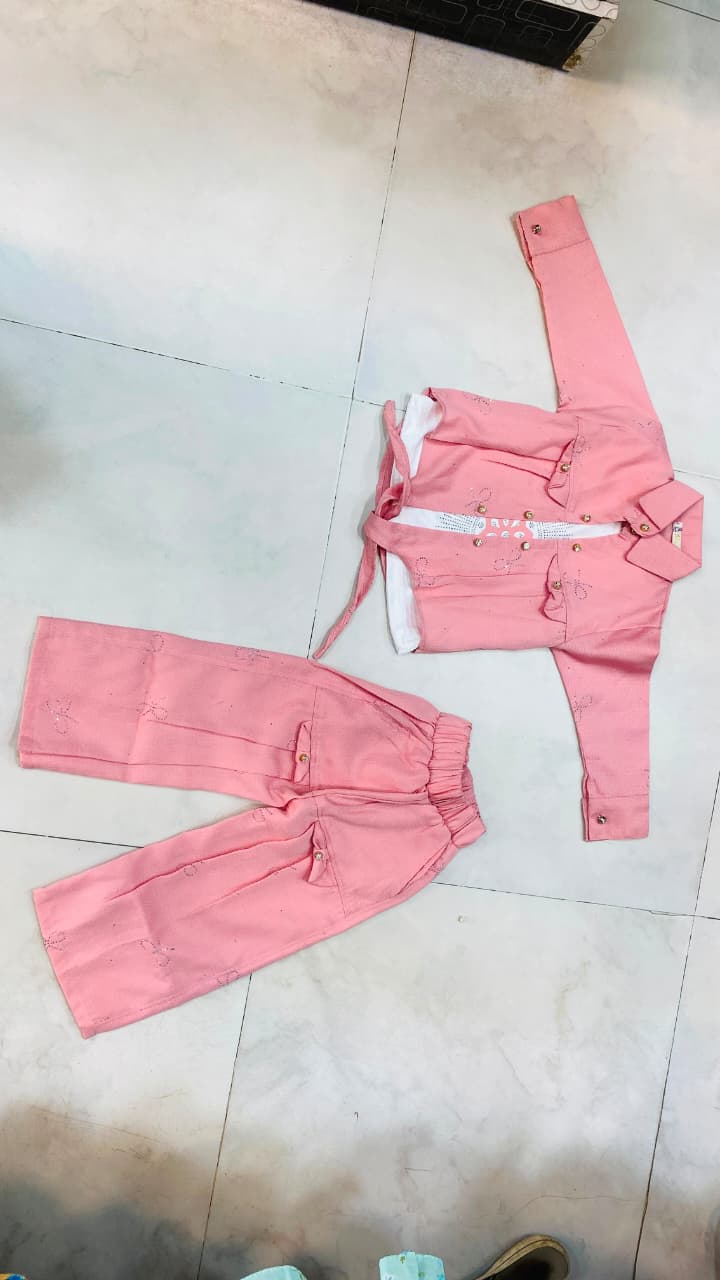 Kids 3-Piece Tie-Front Jacket & Cargo Trouser Set β Soft Pink 1yr to 4 yr