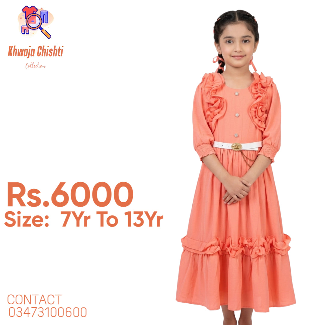 🌸 Khwaja Chishti Collection – Elegant Peach Ruffled Midi Dress 7yr to 13yr