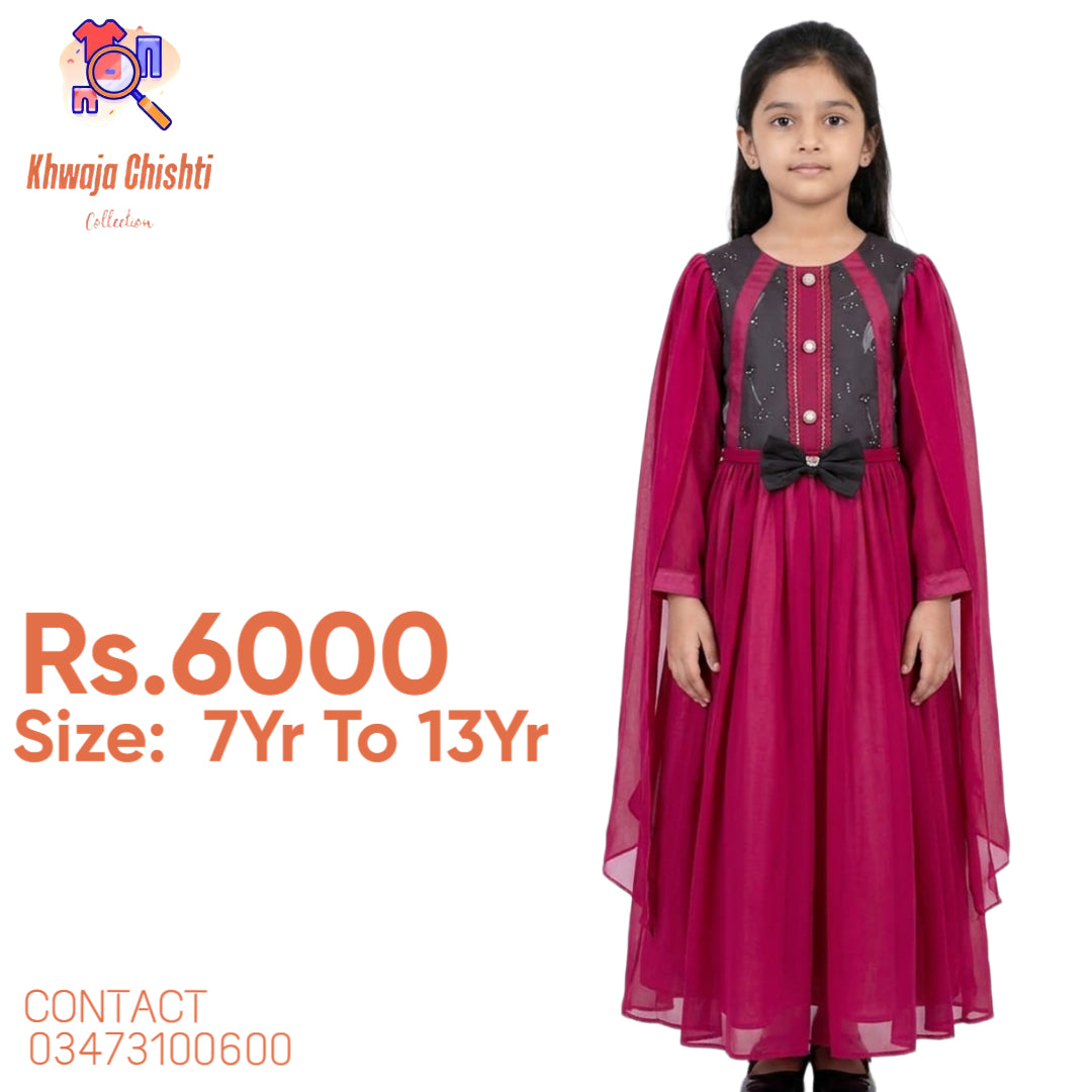 🌸 Khwaja Chishti Collection – Elegant Deep Magenta Party Gown 🌸7yr to 13yr