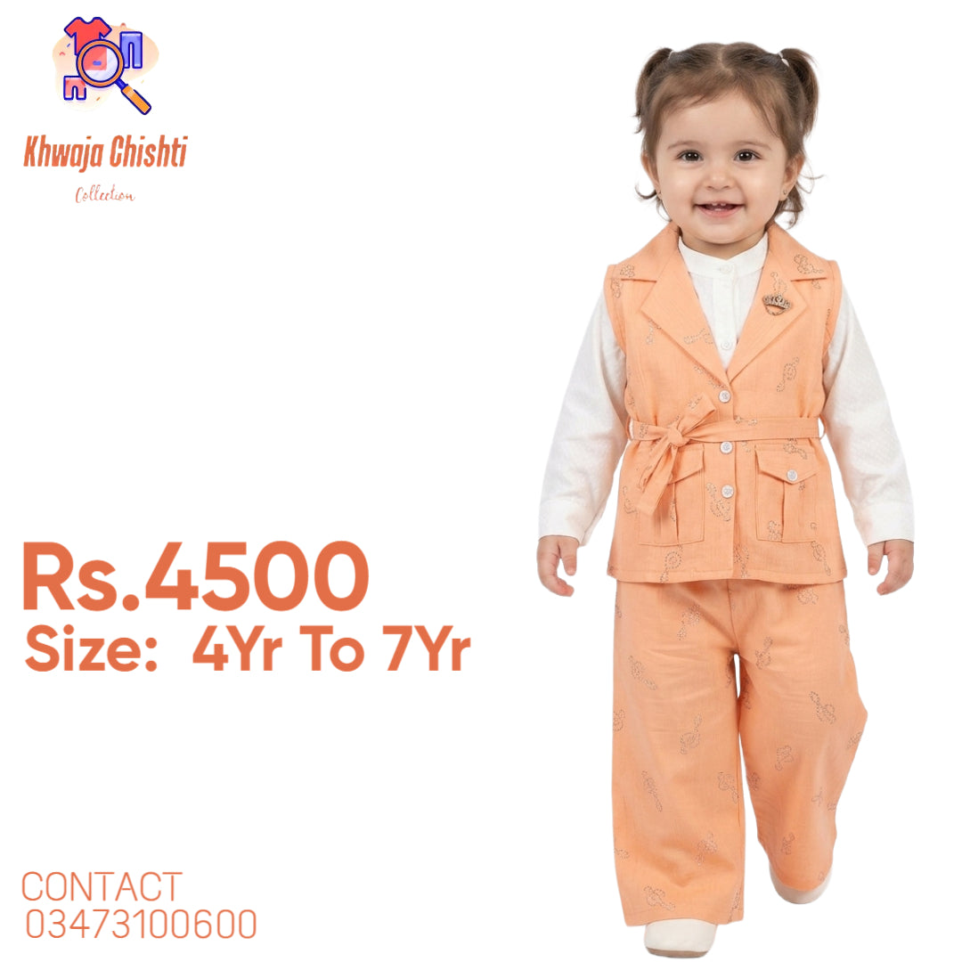 Kids 3-Piece Waistcoat Vest & Trouser Set – Soft Peach 4yr to 7yr