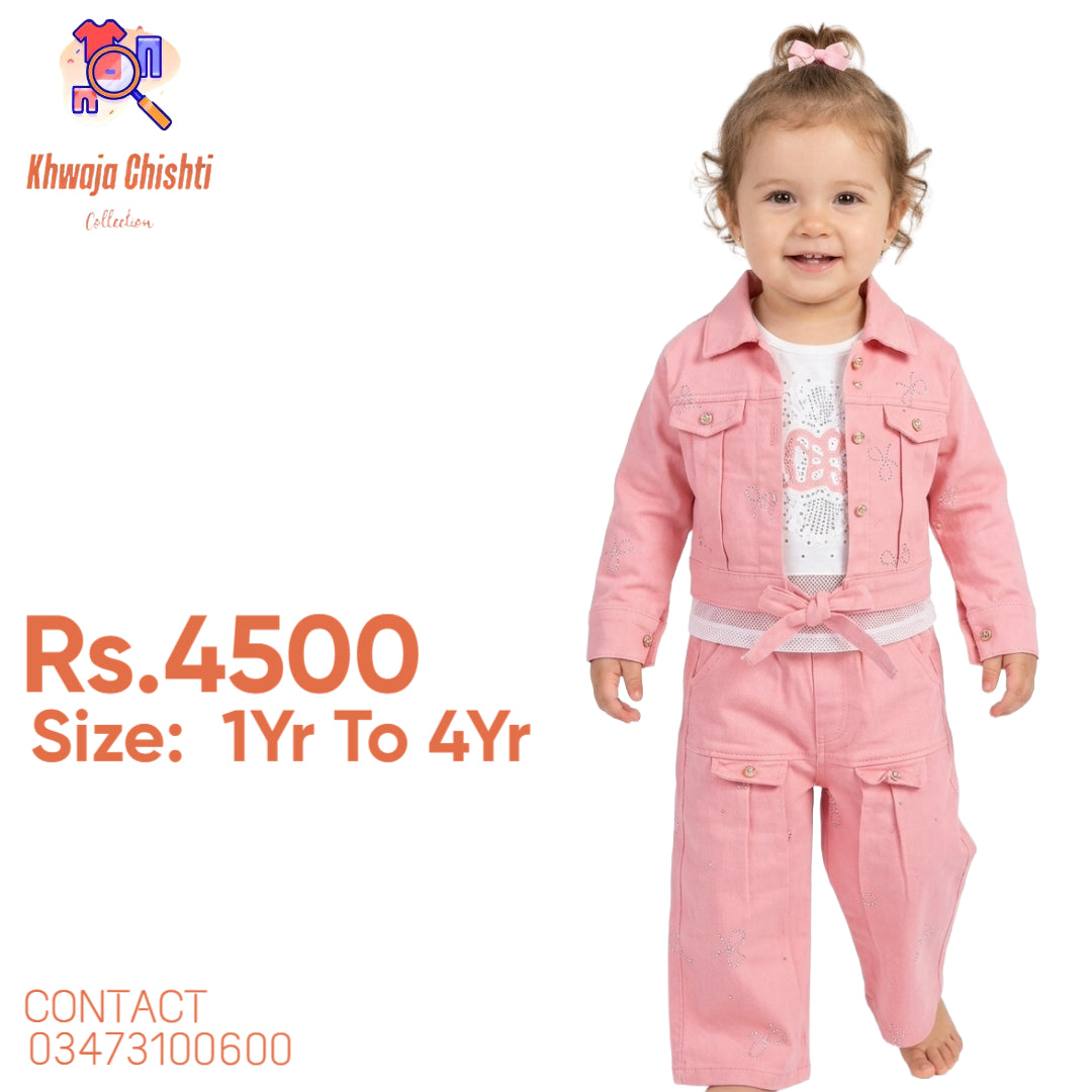 Kids 3-Piece Tie-Front Jacket & Cargo Trouser Set – Soft Pink 1yr to 4 yr