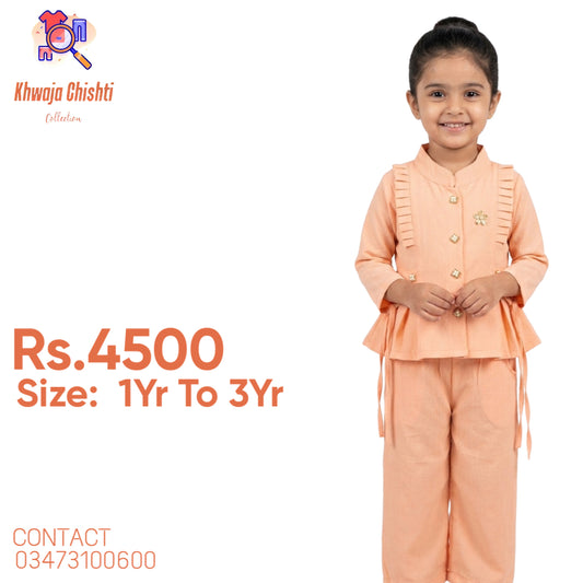 Kids Ruffled Peplum Top & Straight Trouser Set – Soft Peach 1yr to 3yr