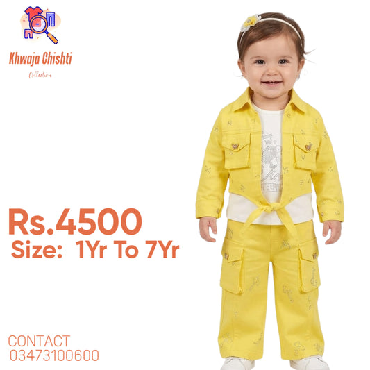 Kids 3-Piece Tie-Front Jacket & Cargo Trouser Set – Sunshine Yellow 1yr to 7yr