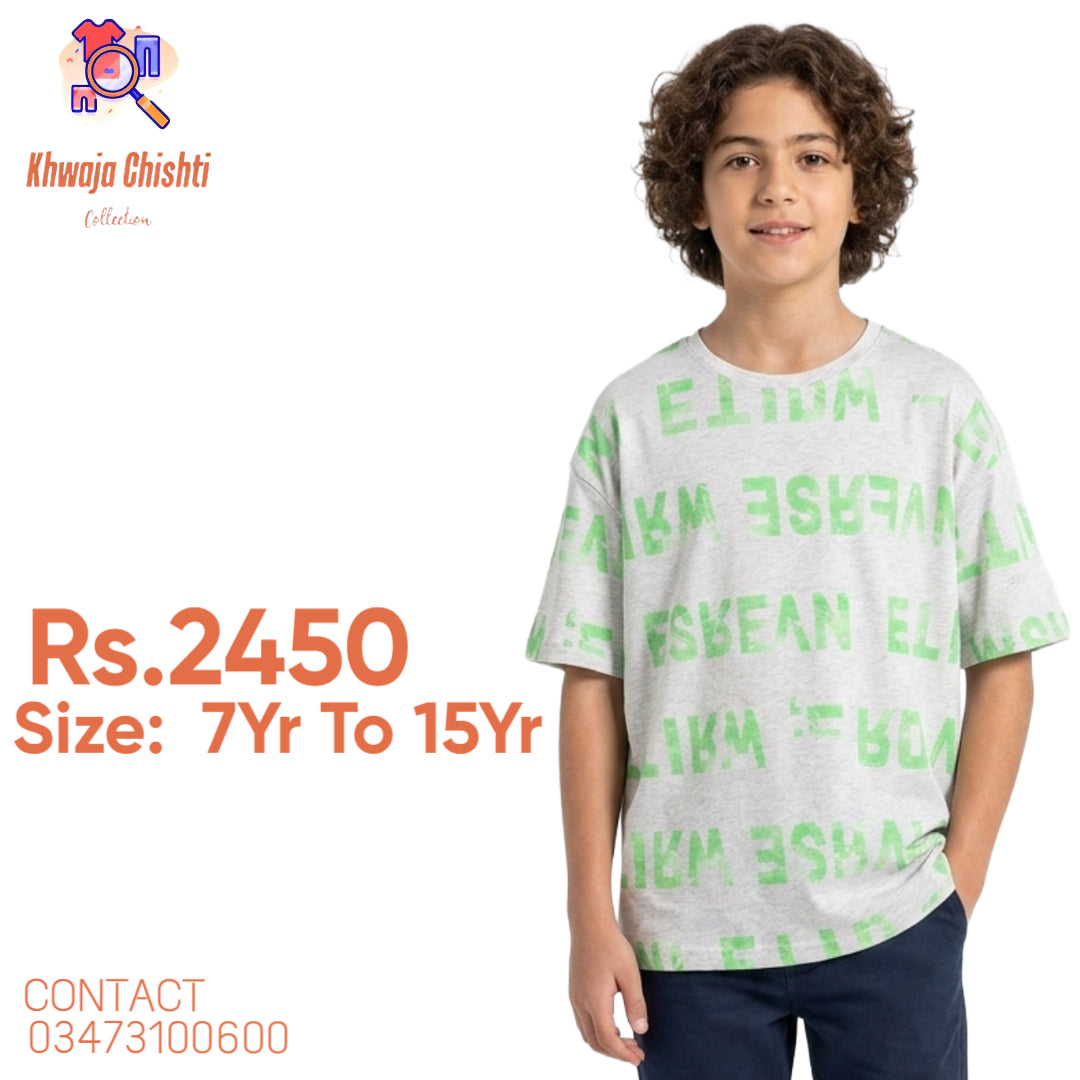 Boys Light Grey All-Over Typographic T-Shirt 7YR TO 15YR