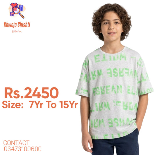 Boys Light Grey All-Over Typographic T-Shirt 7YR TO 15YR