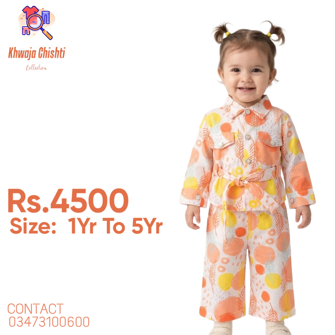 Kids Abstract Print Co-Ord Set with Waist Tie – Peach & Yellow 1yr to 5yr