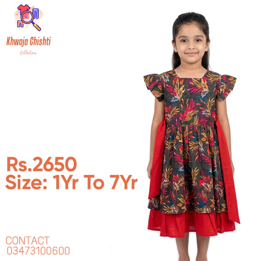 🍁 Elegant Tropical Leaf Print Frock with Red Frill Hem 🍁 1yr to 7yr