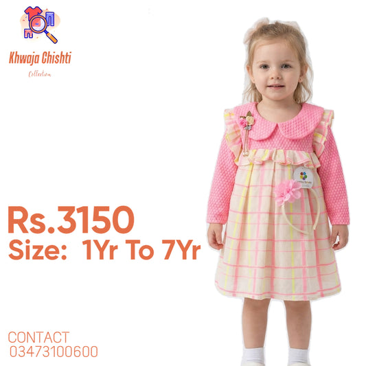Girls Pink Long-Sleeve Plaid Frock with Matching Headband 1yr to 7yr