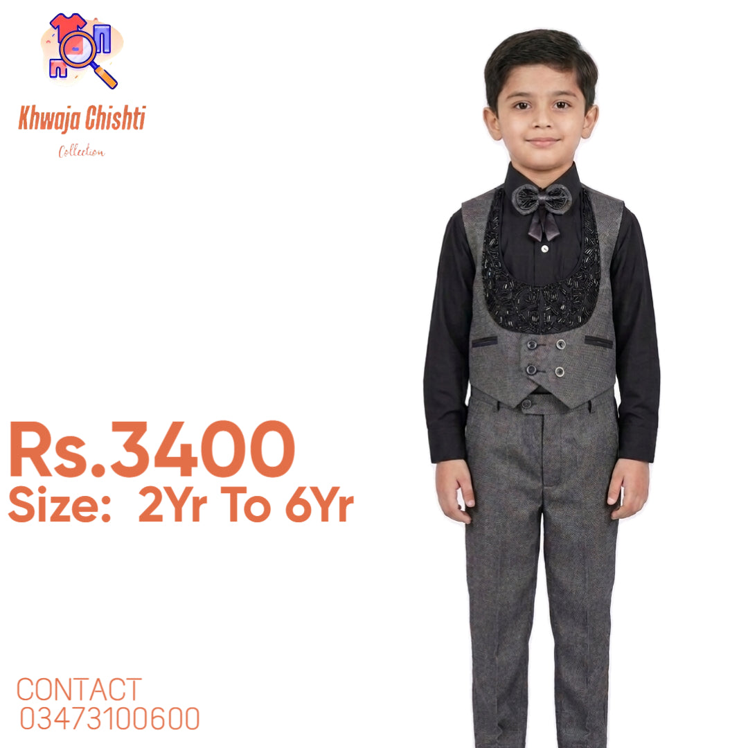 Boys' Premium Designer Gray & Black 3-Piece Formal Suit Set 2yr to 6yr