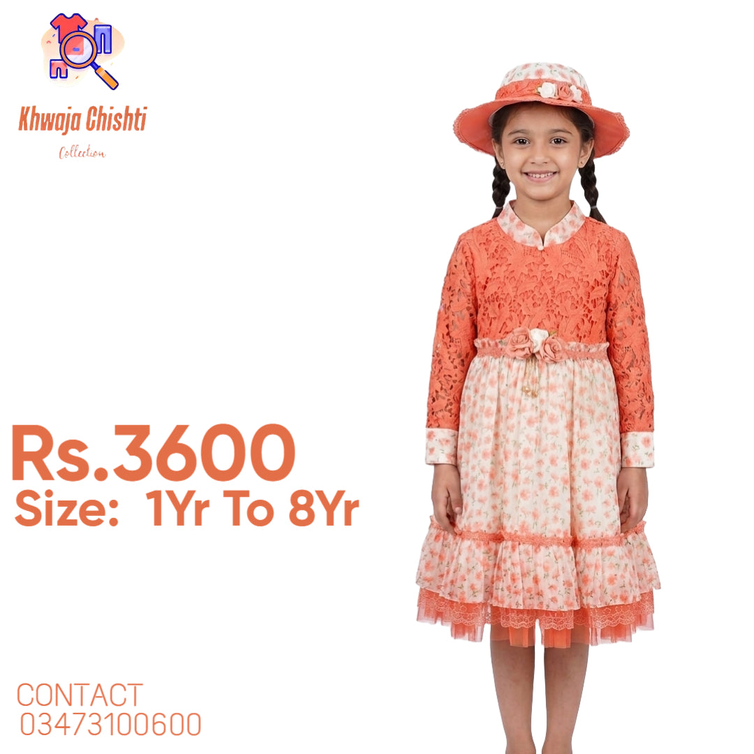 🌸 Charming Floral & Lace Party Dress Set with Matching Sun Hat 1yr to 8yr