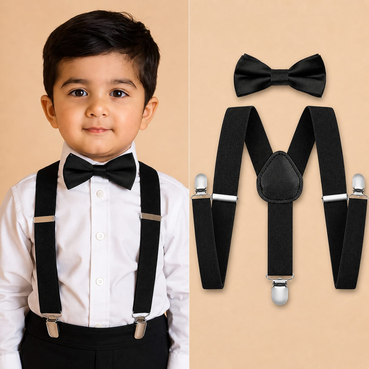 Kids Boys Suspender & Bow Tie Set | Adjustable Elastic Braces | Birthday Wedding Party Formal Wear | Baby Boy Accessories | Age 1 to 10 Year